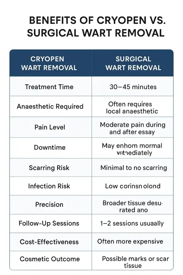 Table showing the benefits of cryopen to remove warts Sandy compared to surgical treatment